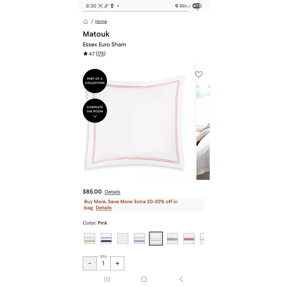 Matouk Essex Euro Sham 2PC Set White Pink Cotton Embroidered Border Hotel Luxury